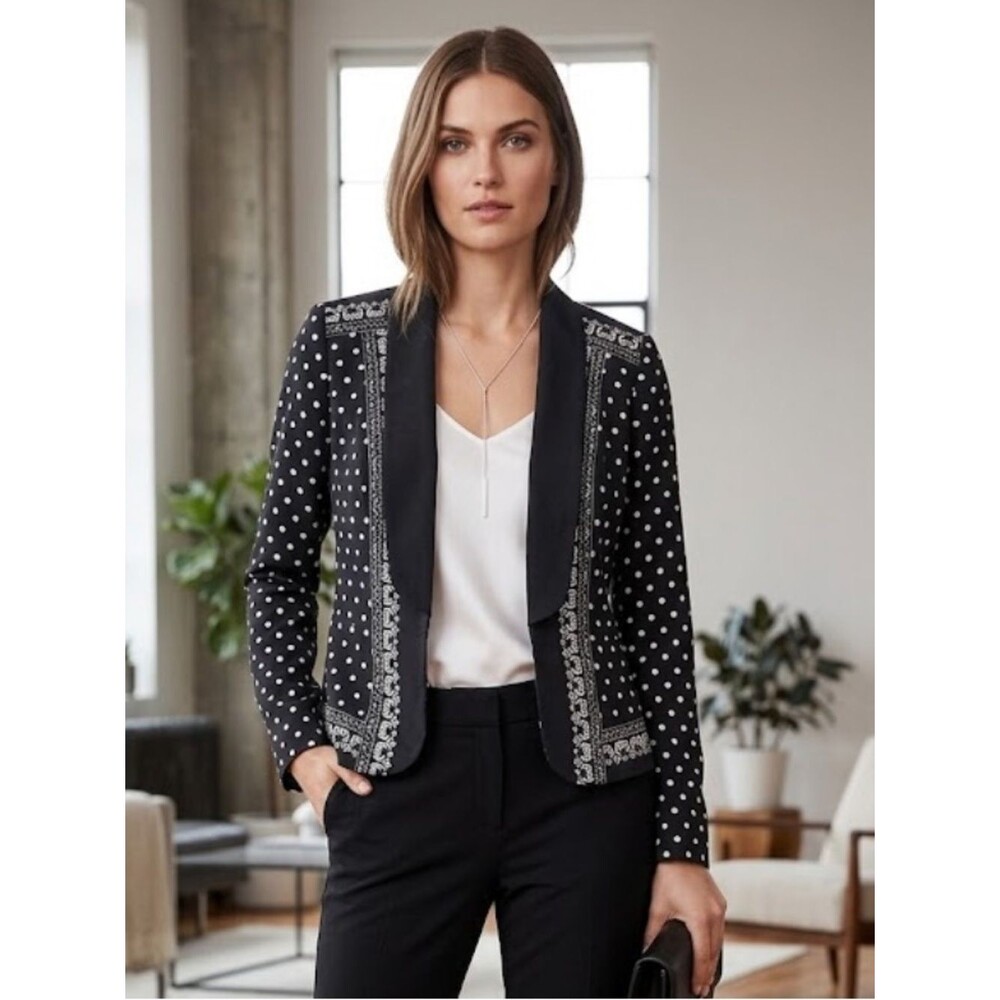 White House Black Market 100% Silk Polka Dot & Scroll Border Print Blazer